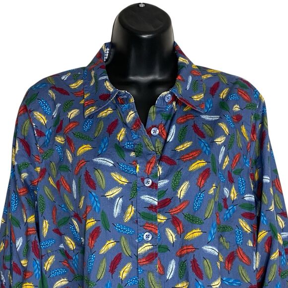 Talbots Top Womens 1X Button Up Roll Tab Sleeve Shirt Feather Artsy Western Boho - Picture 1 of 11